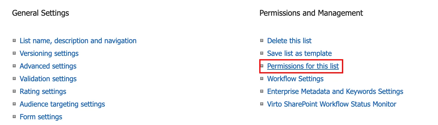 Permissions for SharePoint list