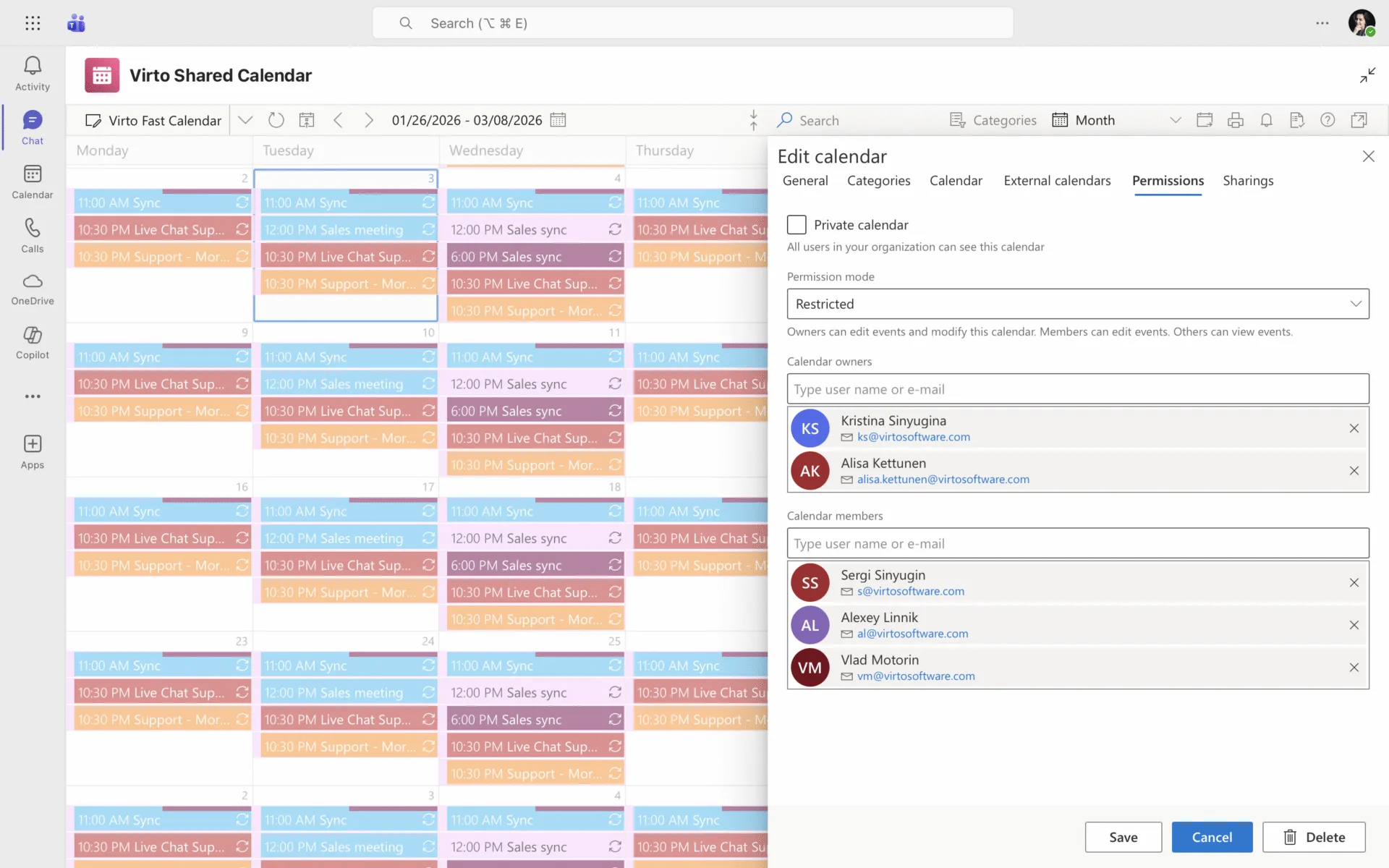 Virto Shared Calendar permissions