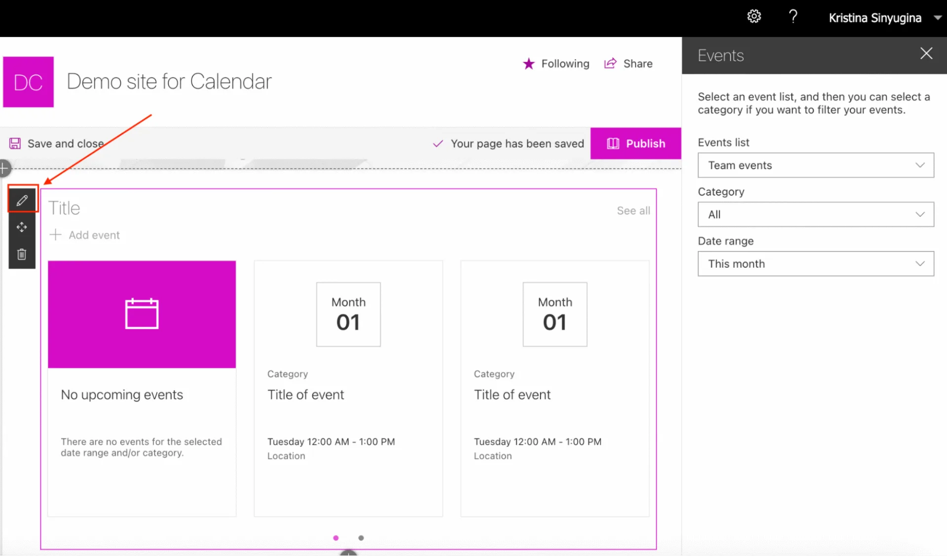 Setting of a calendar Web Part