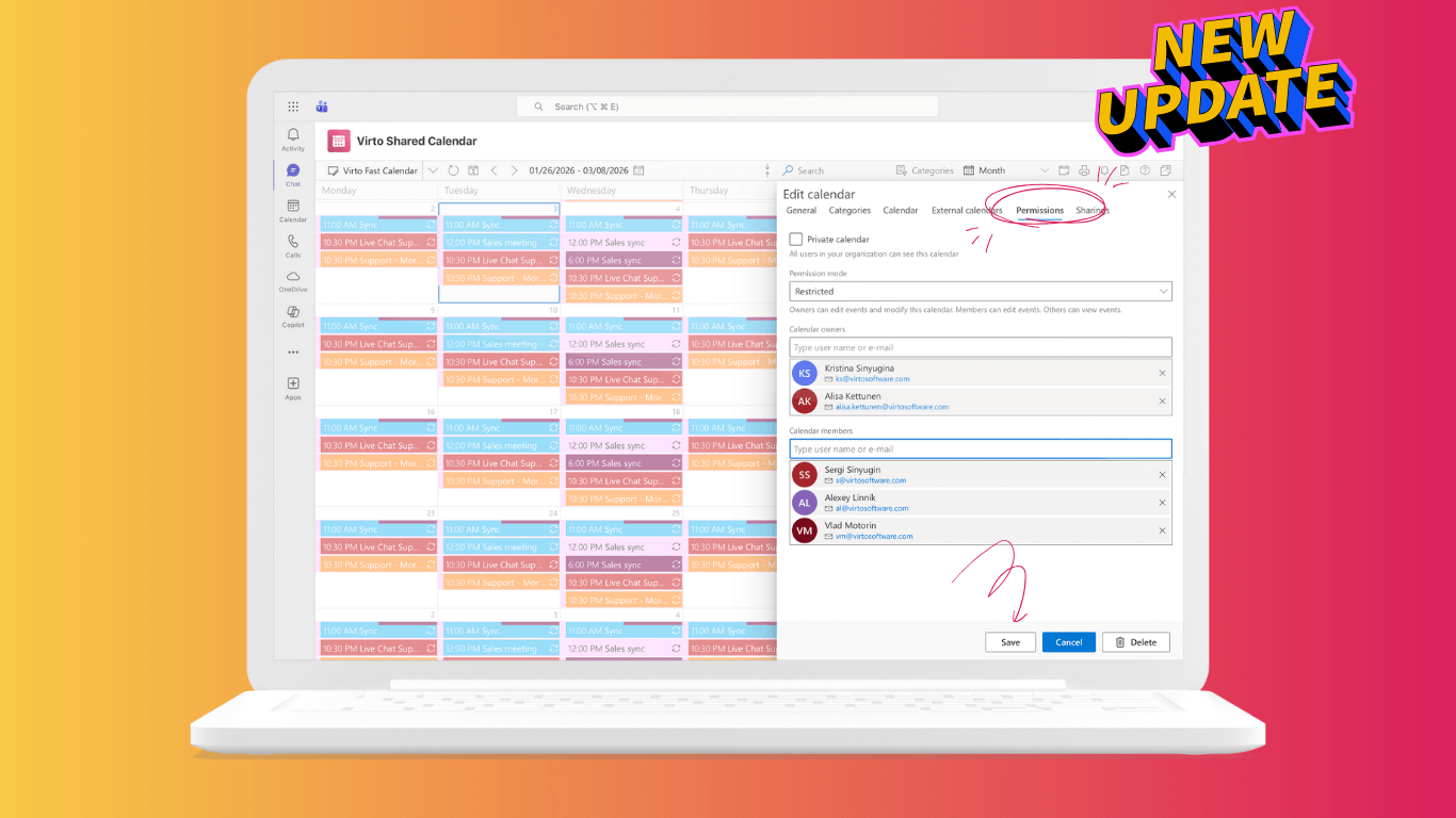 Neues Update: Berechtigungen sind jetzt in Virto Shared Calendar verfügbar
