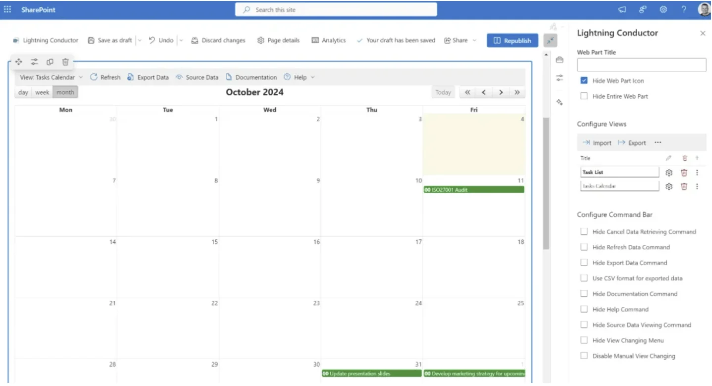 Lightning Conductor calendar with Viva Connections