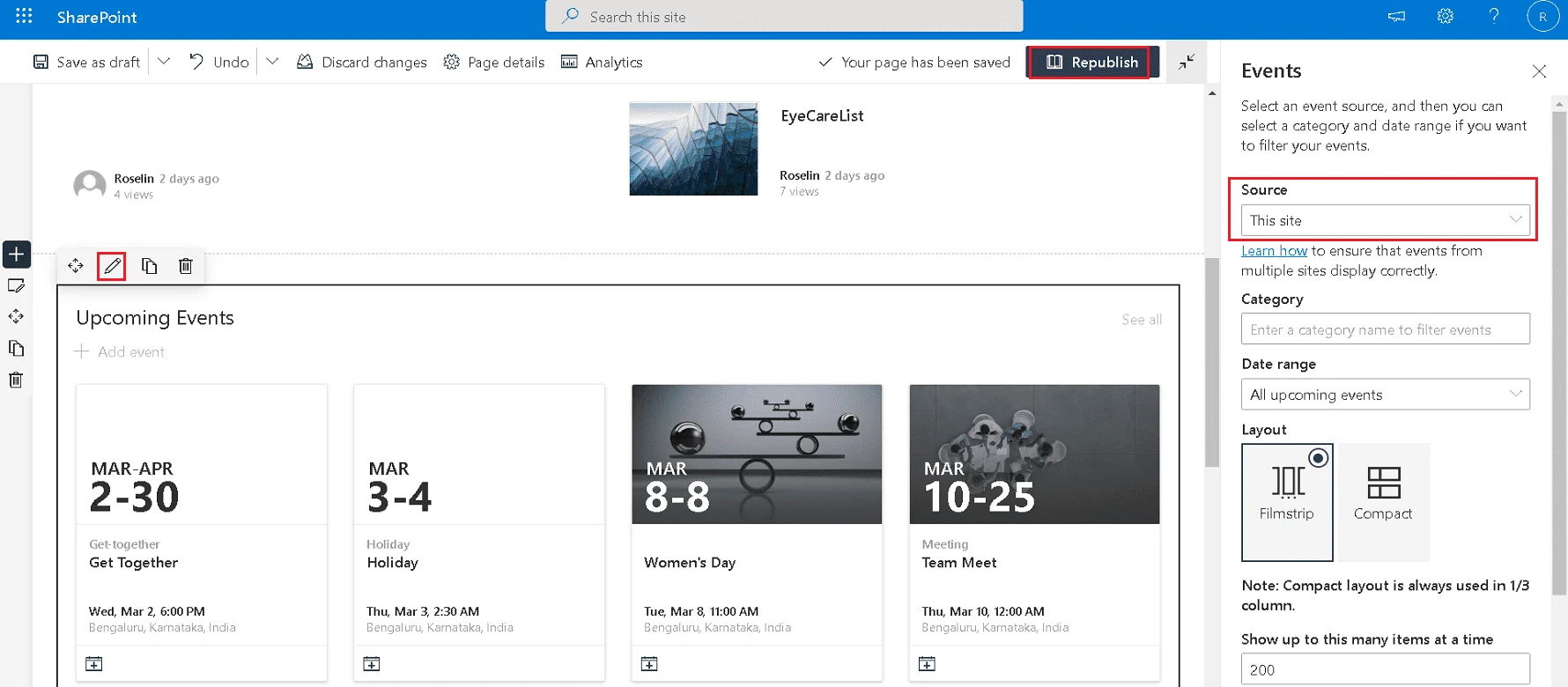 SharePoint Events web part agenda layout