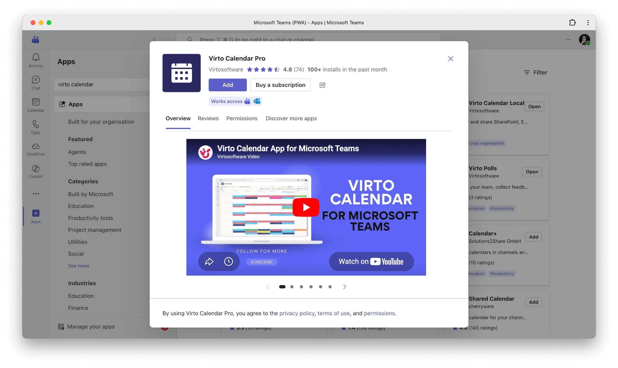 Virto Calendar Pro in Teams App Store