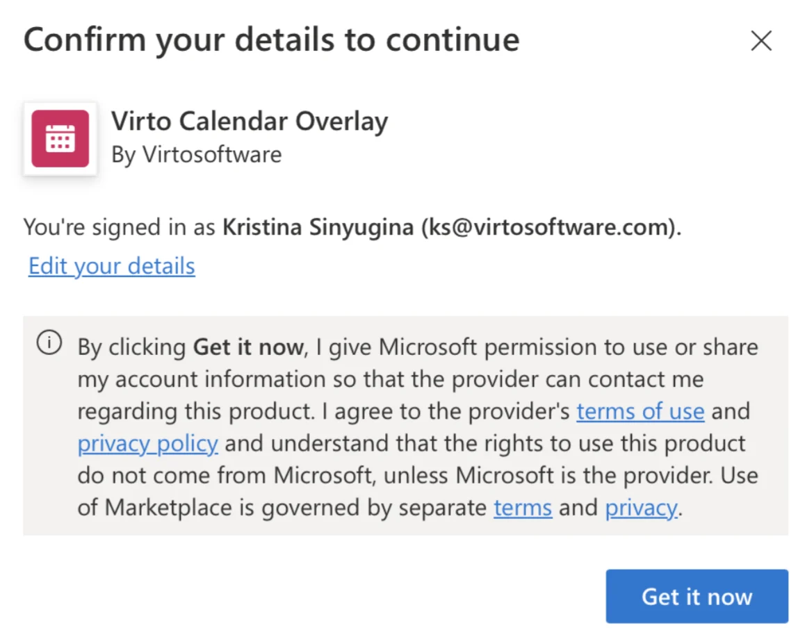 Virto Calendar App installation on Microsoft AppSource