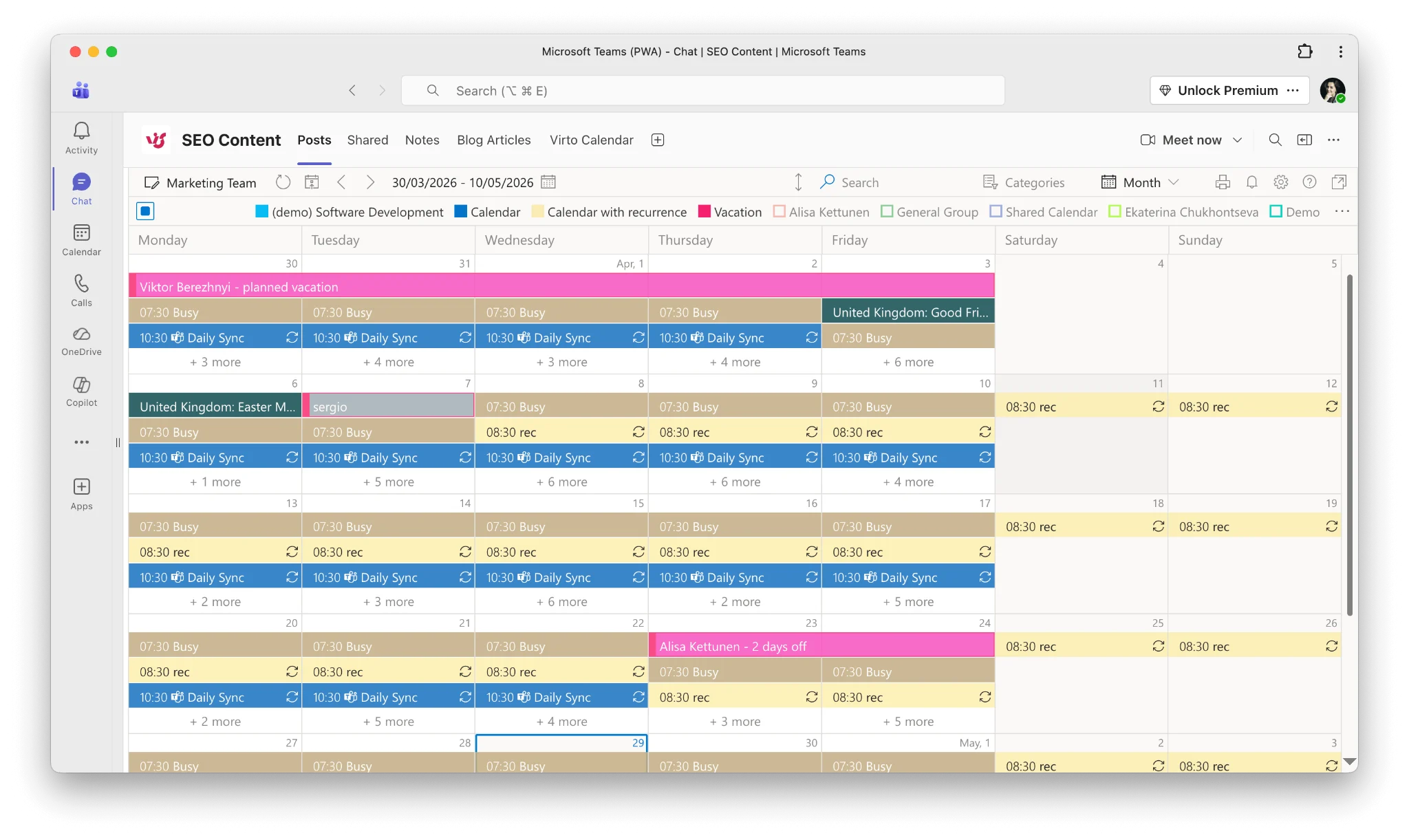 Virto Calendar color-coded multi-source view