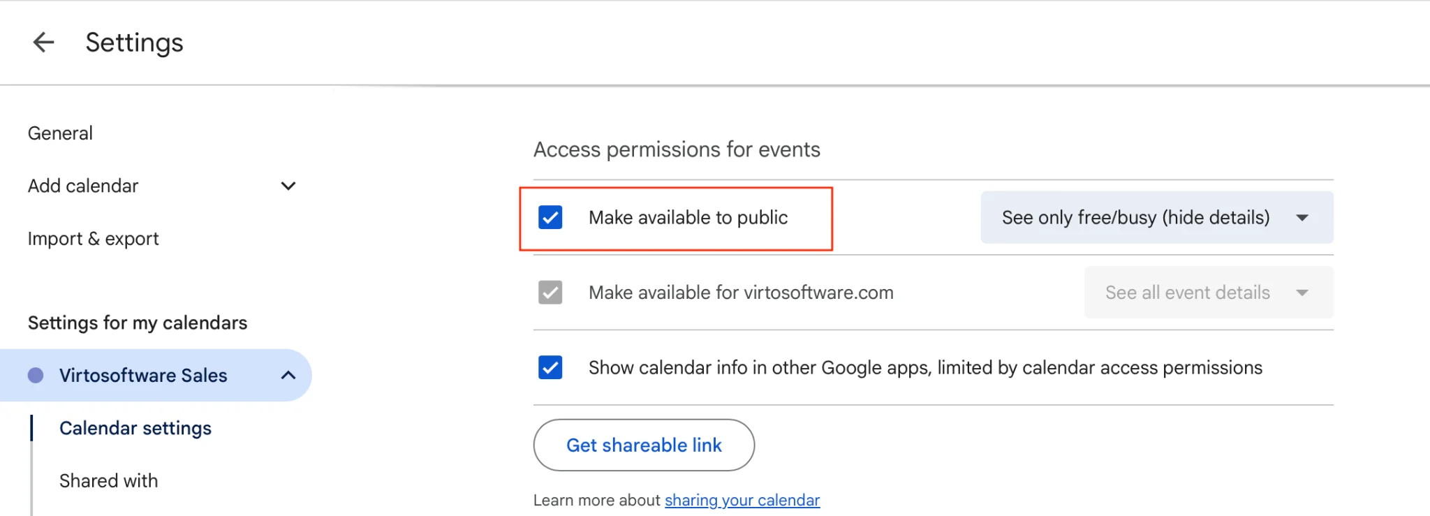 Google Calendar settings and sharing page
