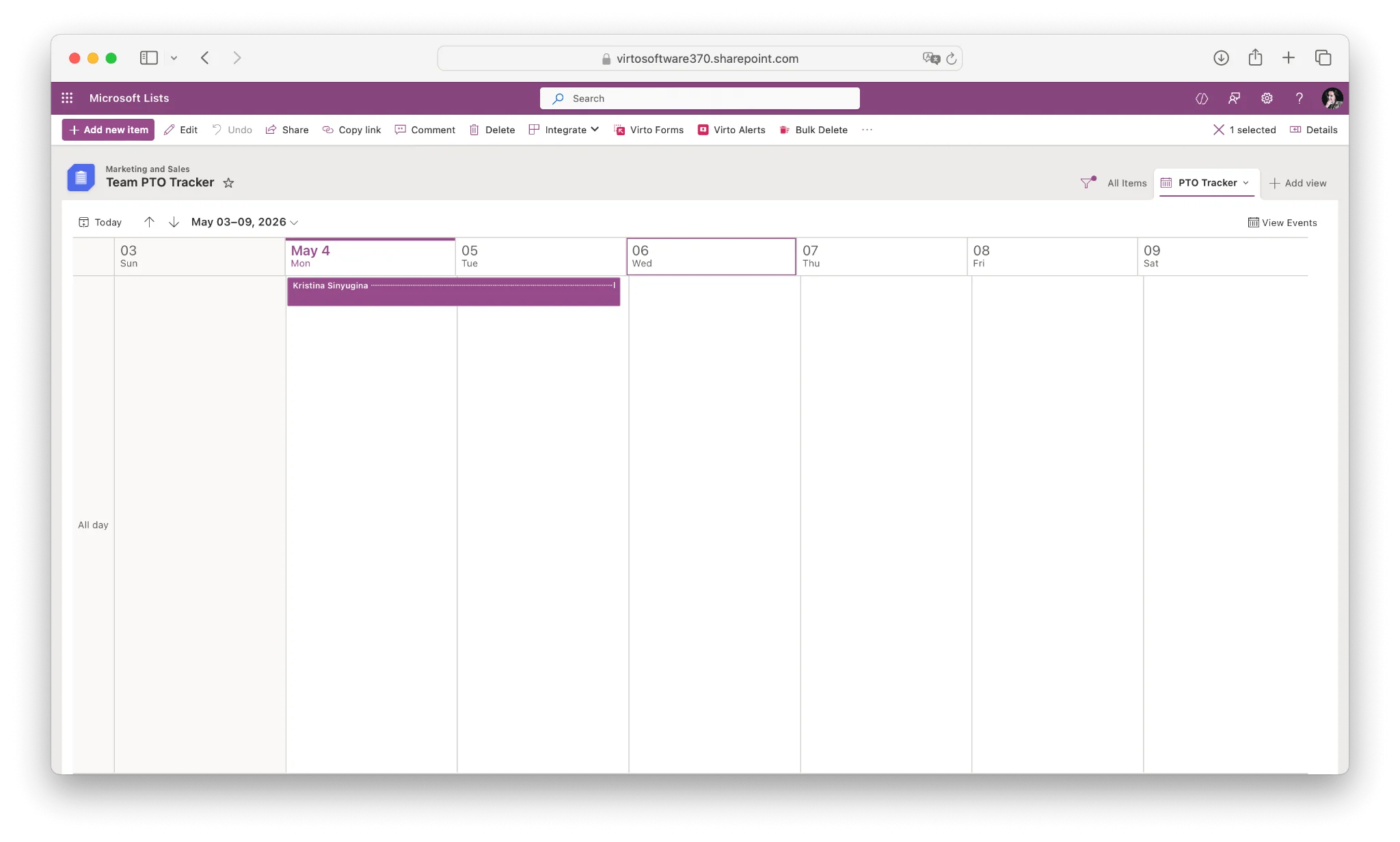 SharePoint PTO calendar view with date bars