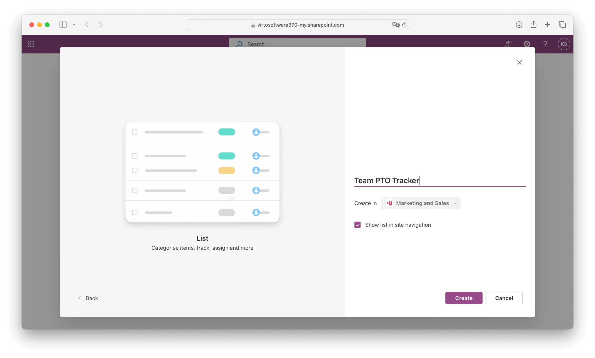 Creating a new blank SharePoint list