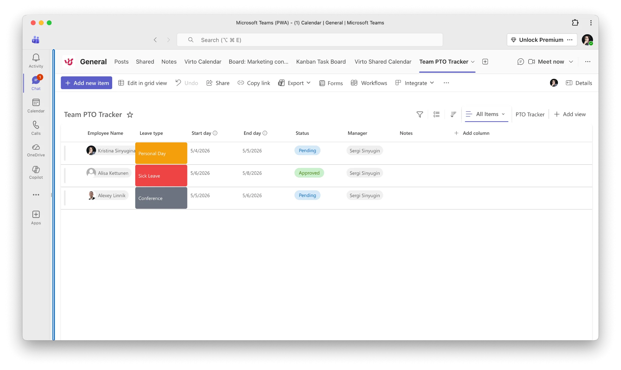SharePoint PTO list embedded as a Teams tab