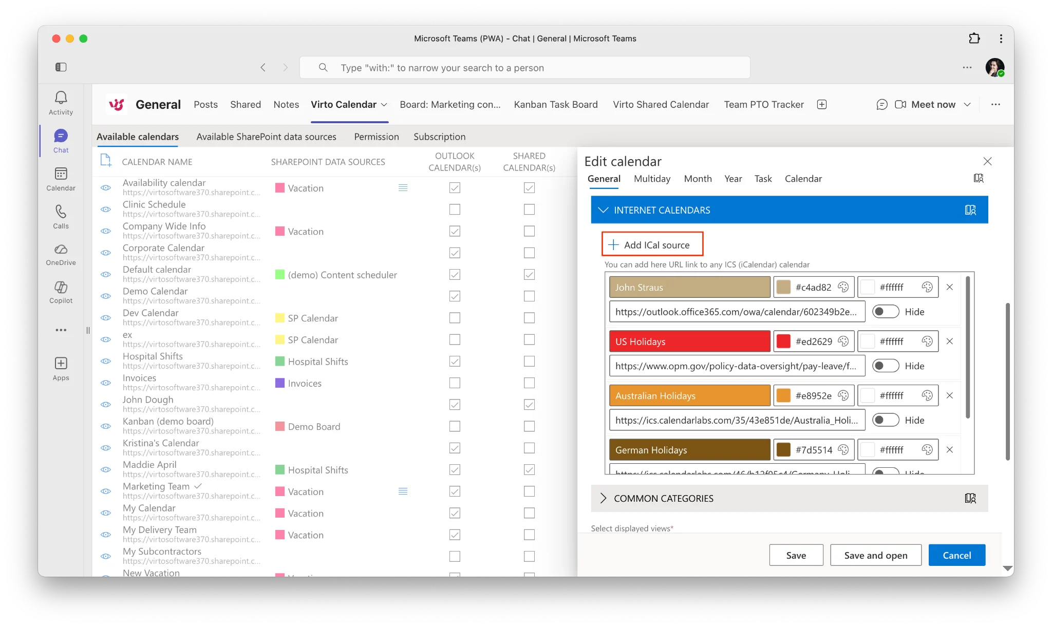 Virto Calendar App add iCal data source dialog