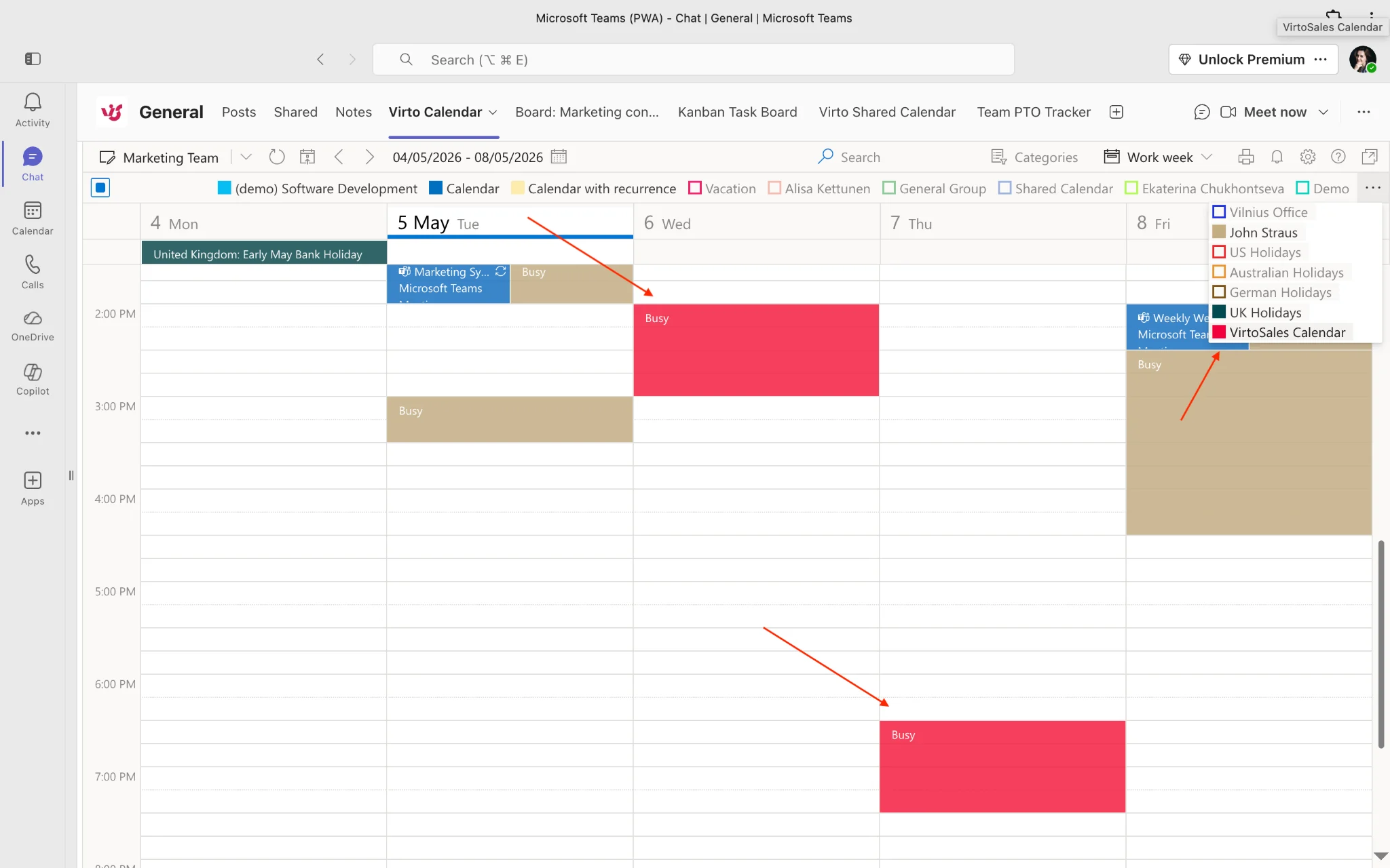 Virto Calendar overlay showing Google and Outlook events