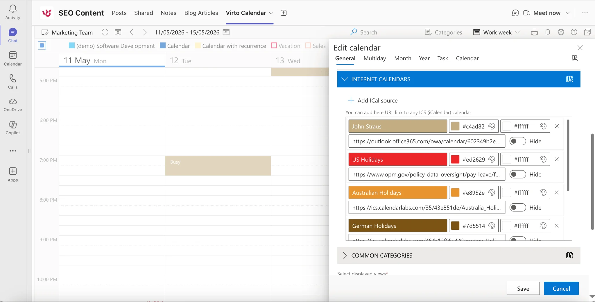 iCal URL configuration in Virto Calendar property pane