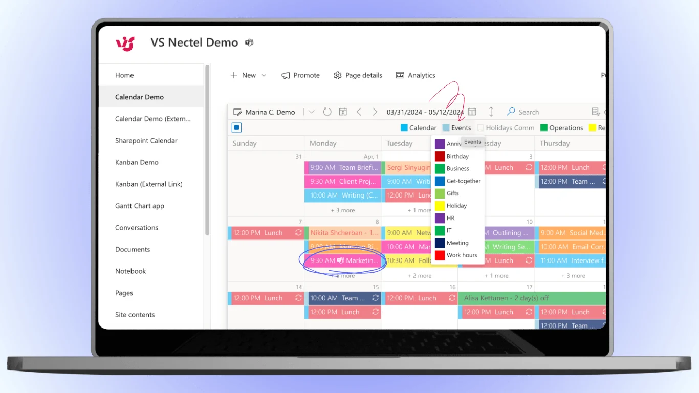 Virto Calendar App multi-source overlay on SharePoint