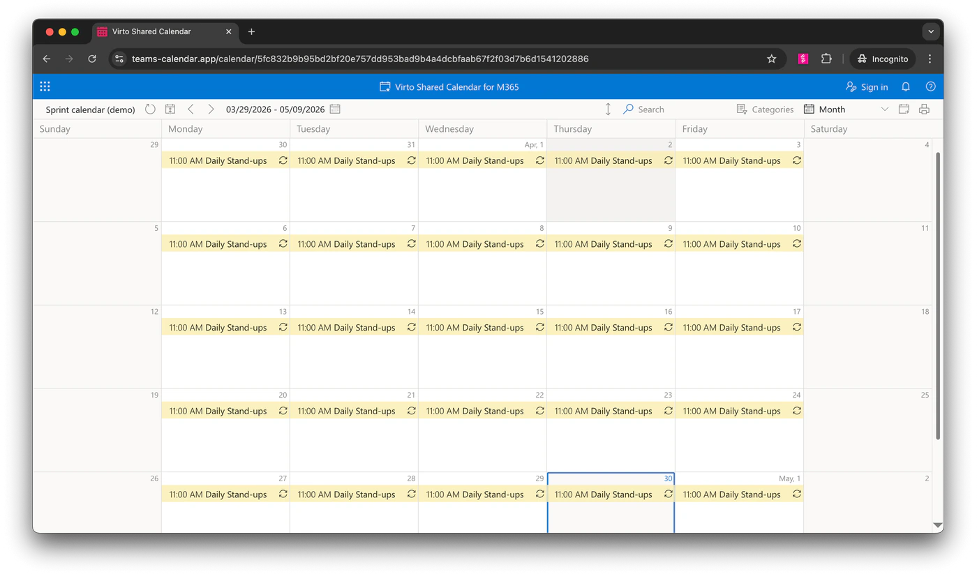 Der veröffentlichte Kalender in einem Inkognito-Browserfenster unter teams-calendar.app, mit denselben täglichen Stand-ups und ohne jede Anmeldung