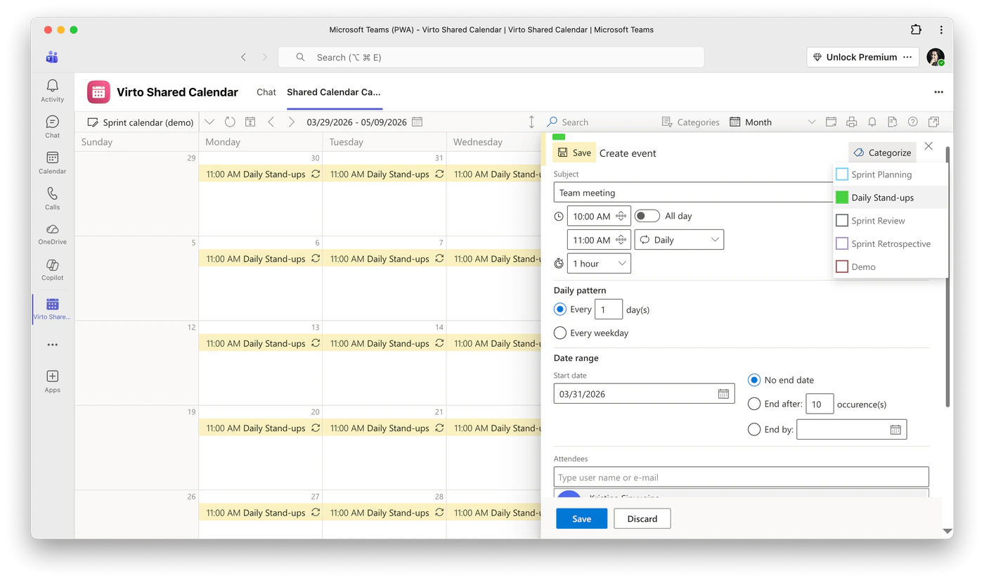Bereich Create event in Virto Shared Calendar in Microsoft Teams mit täglichem Wiederholungsmuster und geöffneter farbcodierter Liste Categorize