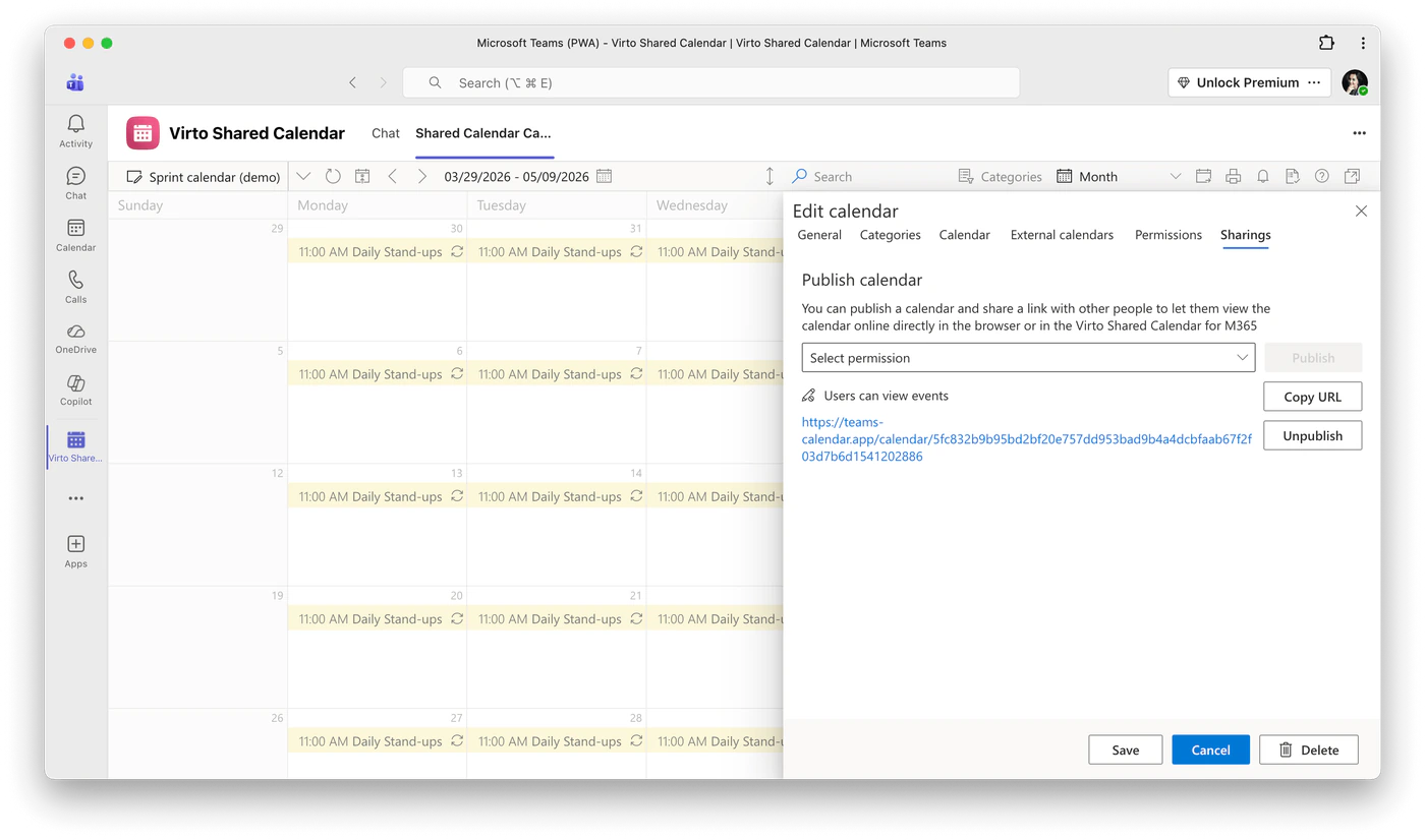 Registerkarte Sharings im Bereich Edit calendar von Virto Shared Calendar mit dem Abschnitt Publish calendar, einer Berechtigungsauswahl, dem öffentlichen Link und den Schaltflächen Copy URL und Unpublish