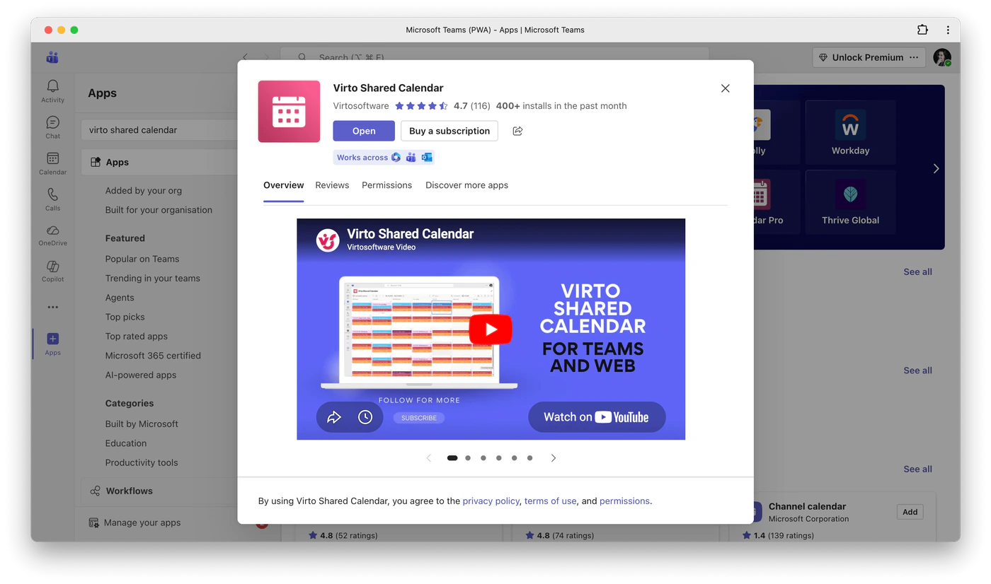 Virto Shared Calendar im App Store von Microsoft Teams mit der Schaltfläche Open und dem Hinweis Works across für Microsoft 365, Teams und Outlook