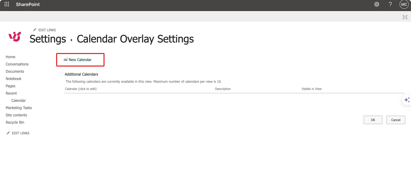 Adding a new calendar in calendar overlay settings in SharePoint. 