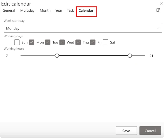 Changing day and weekly views in the “Calendar” tab within Virto Calendar settings. 