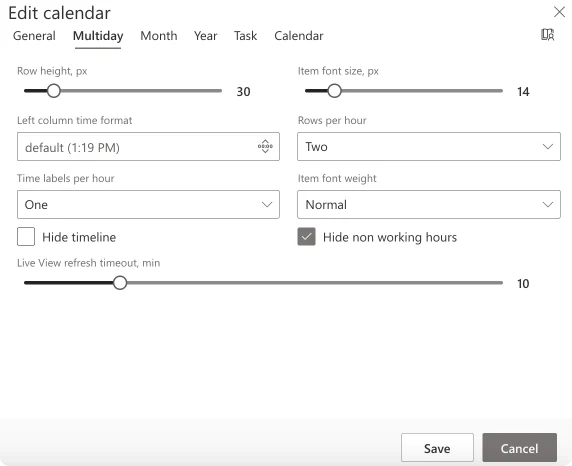  Changing multiday view settings in the “Multiday” tab in Virto Calendar. 