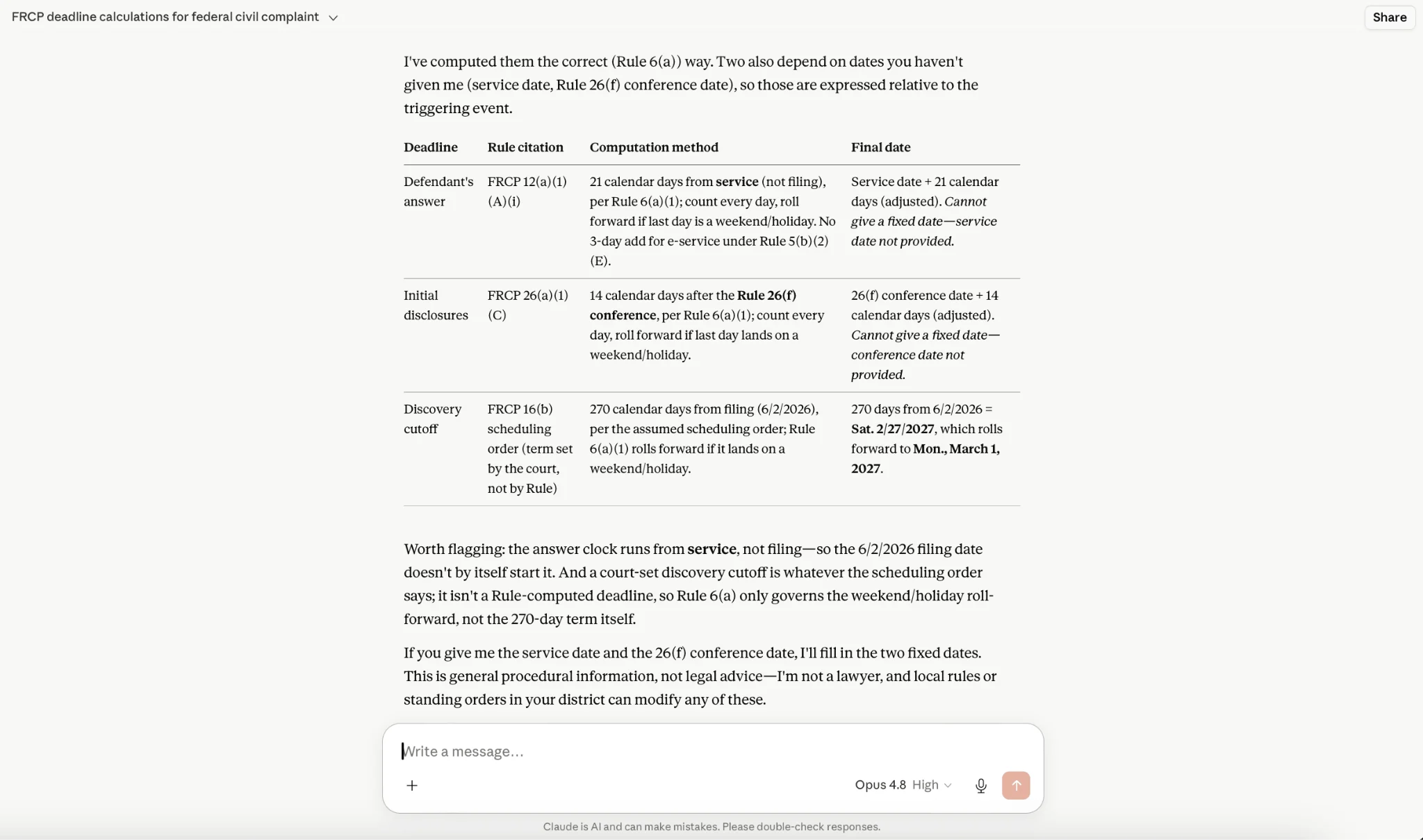 Claude FRCP deadline output as markdown table