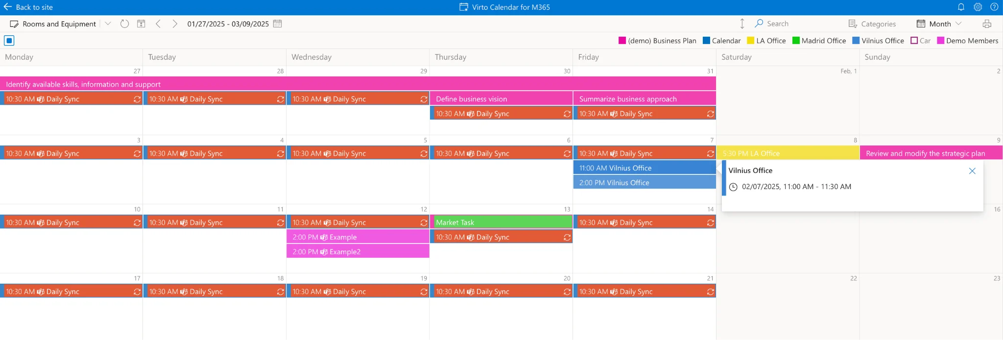 Meeting room availability overlaid in SharePoint via Virto Calendar