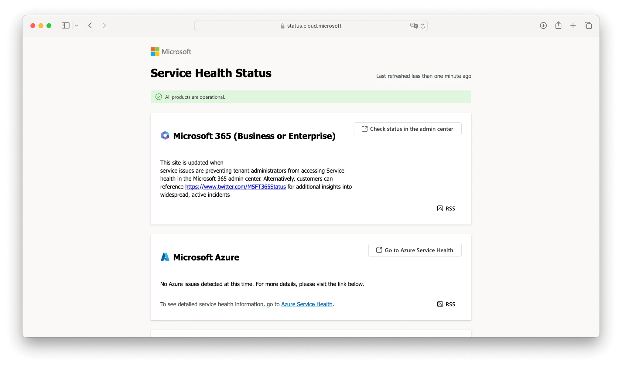 Microsoft 365 Service Health status page
