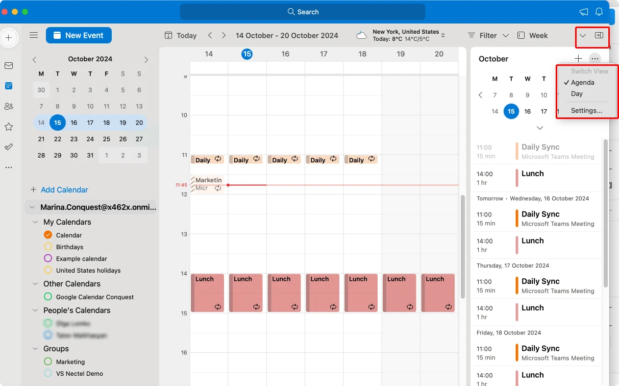 Navigating to the Agenda view in Outlook for Mac. 
