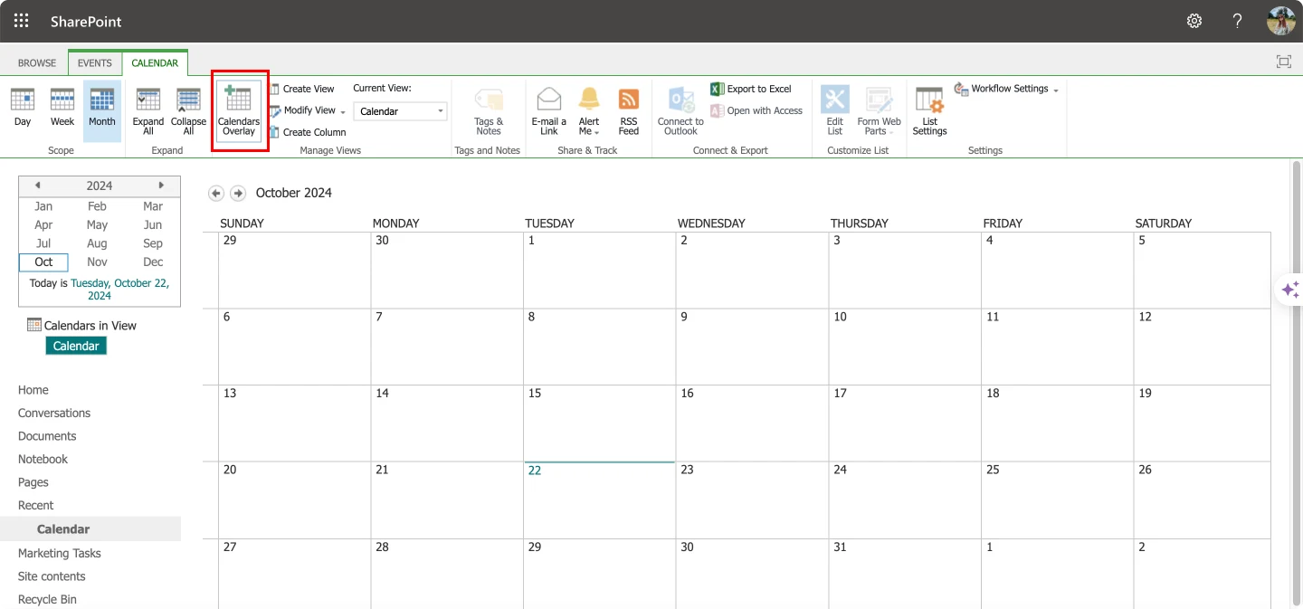 Navigating to the overlay function in SharePoint calendar. 