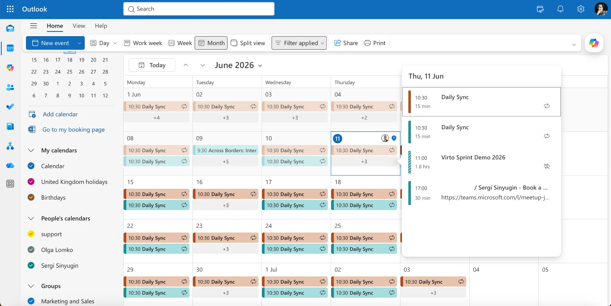 New Outlook automatic calendar overlay view