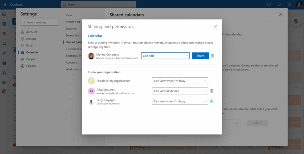 Setting Reviewer permission in Calendar Properties Permissions tab