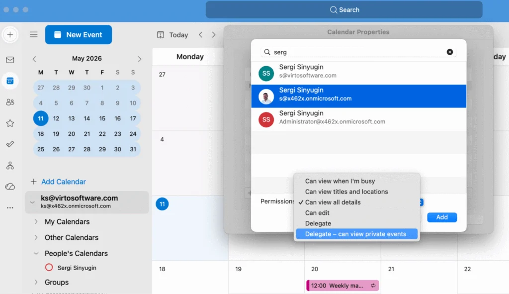 Delegate Permissions dialog in Outlook