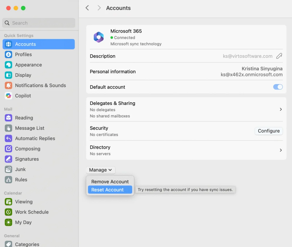 Resetting the account in Outlook for Mac