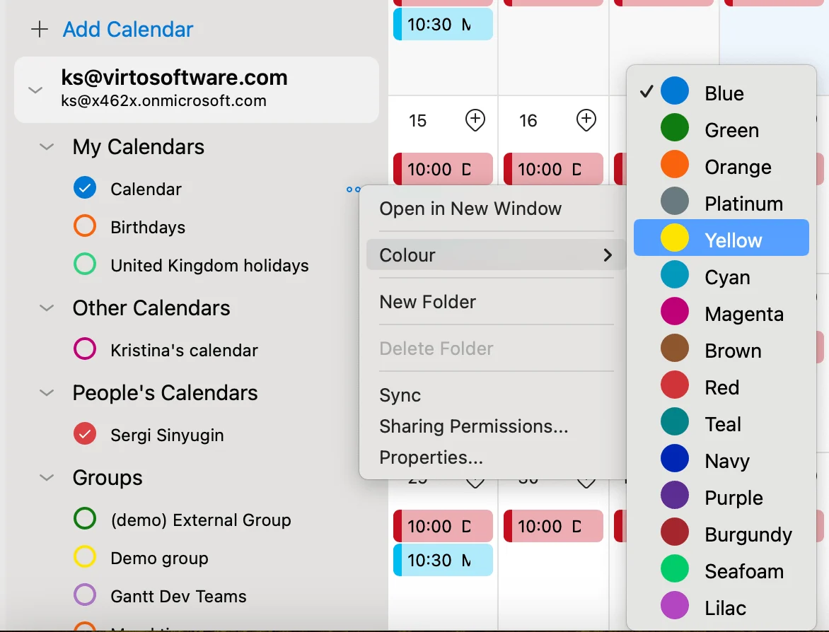 Choosing calendar colors in Outlook for Mac