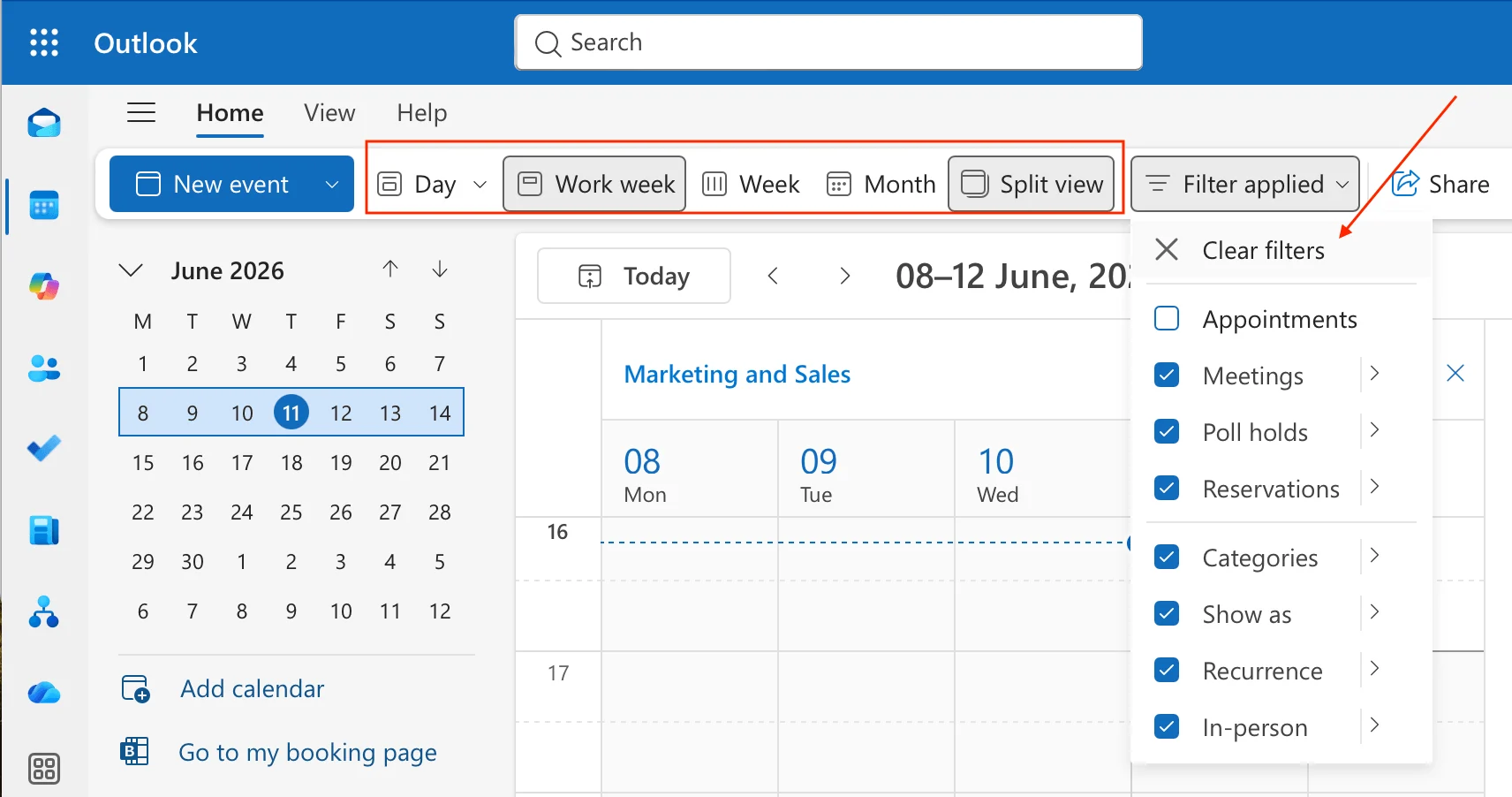 Switching calendar views in Outlook for Mac