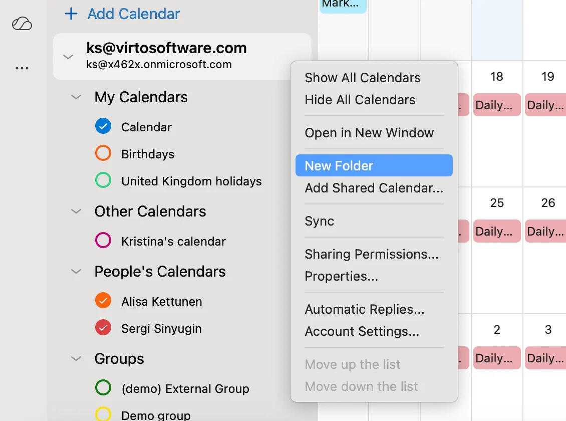 Creating a new calendar in Outlook for Mac
