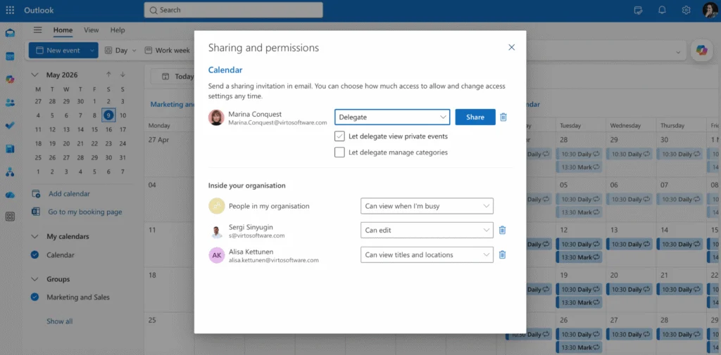 Sharing your calendar through Outlook settings