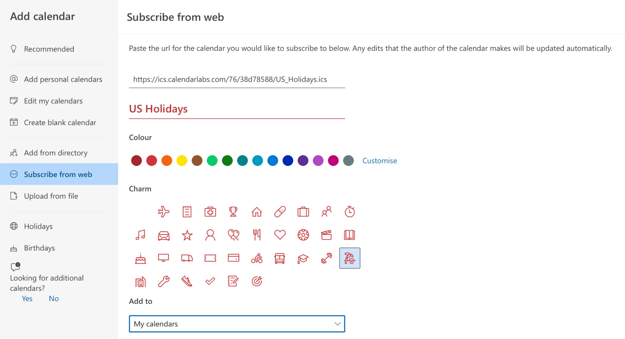 Outlook subscribe from web iCal dialog