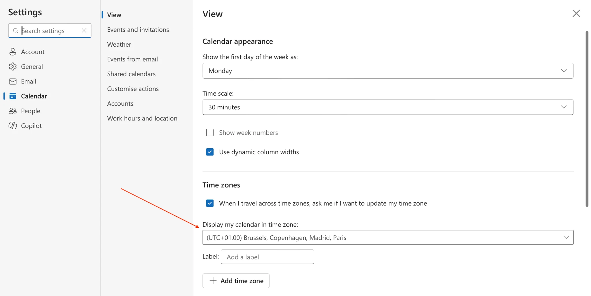 Checking time zone in Outlook