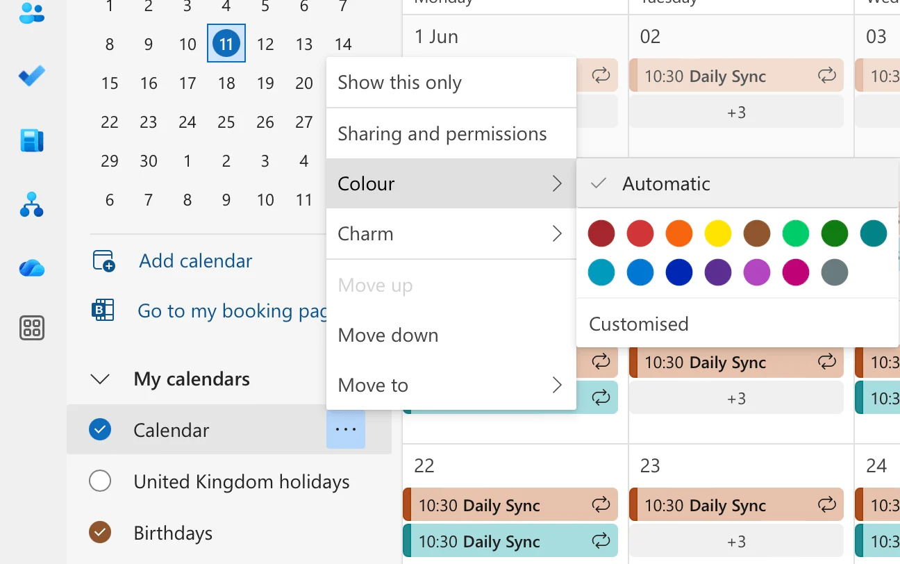 Selecting calendar colors in OWA