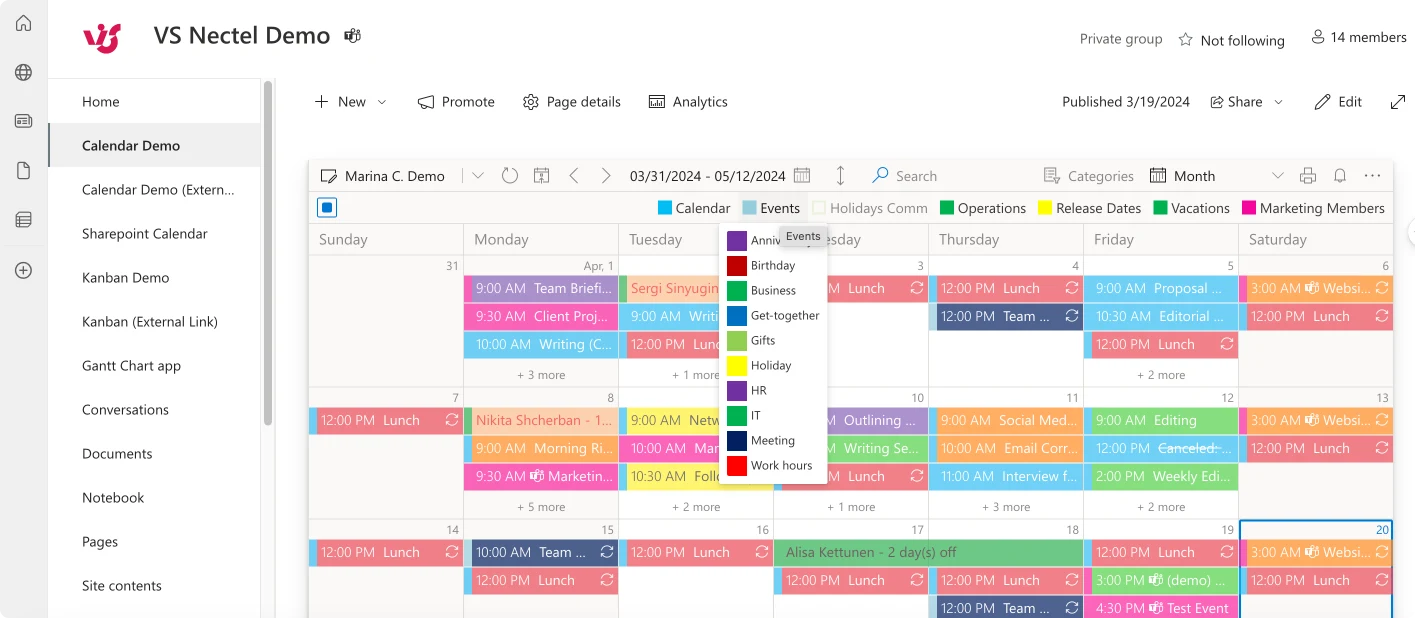 Pic. 5. Sample Virto Calendar within SharePoint.
