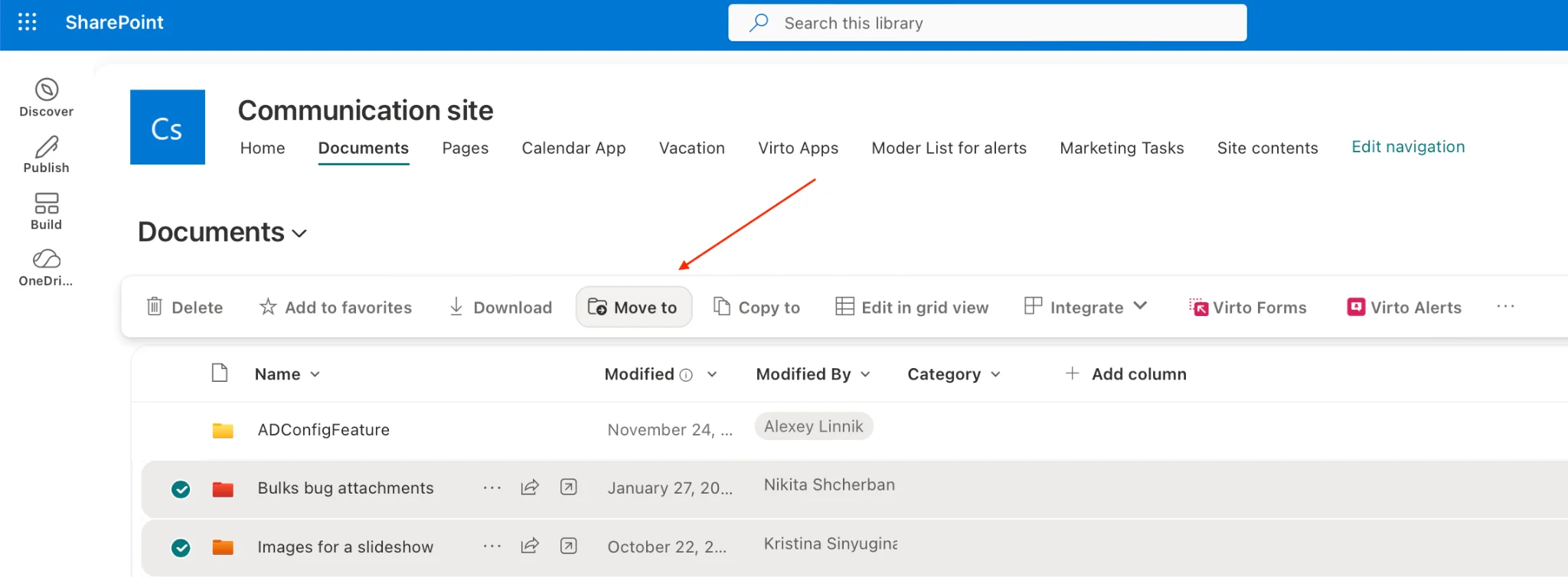 Multiple files selected with checkboxes for bulk move