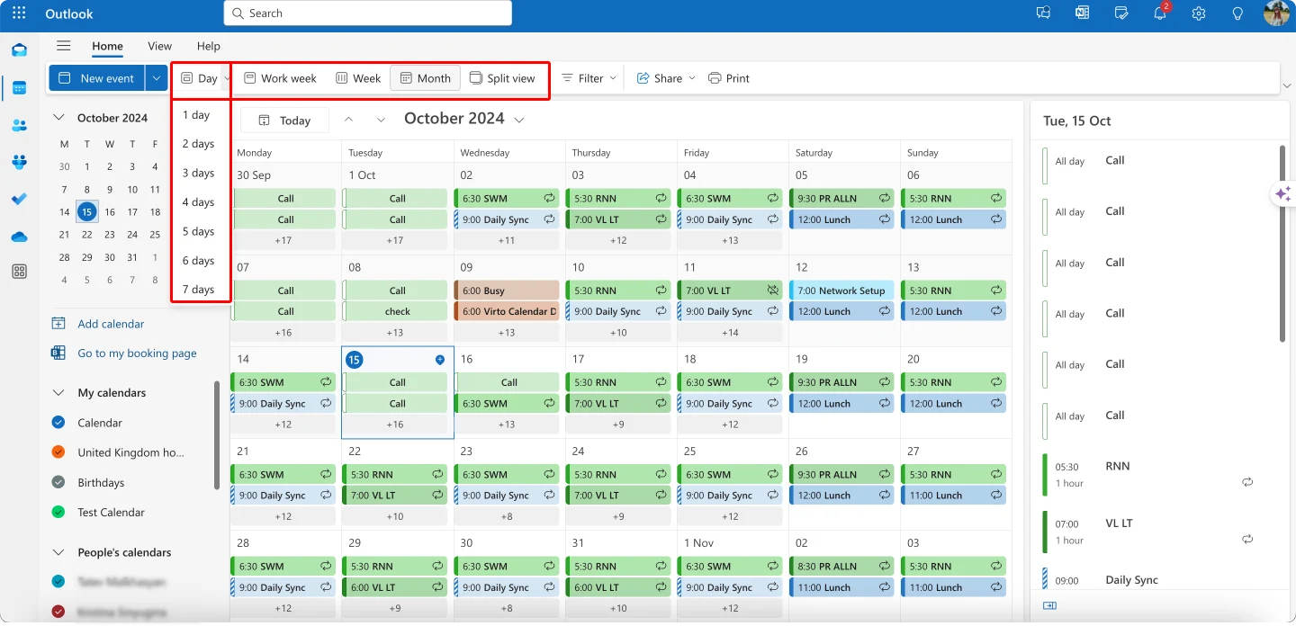 Switching between different calendar views in Outlook for the web. 