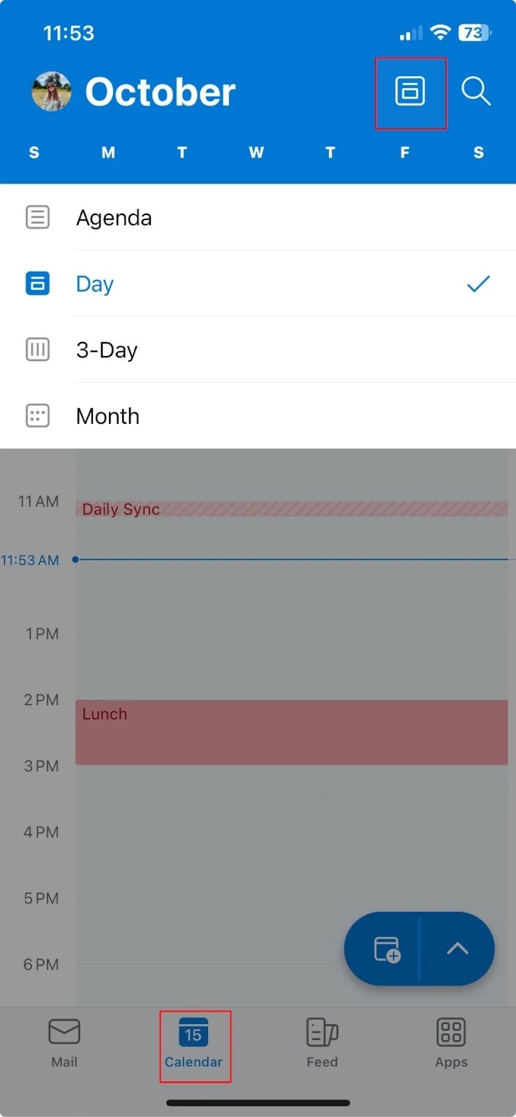 Switching between different calendar views in Outlook mobile. 