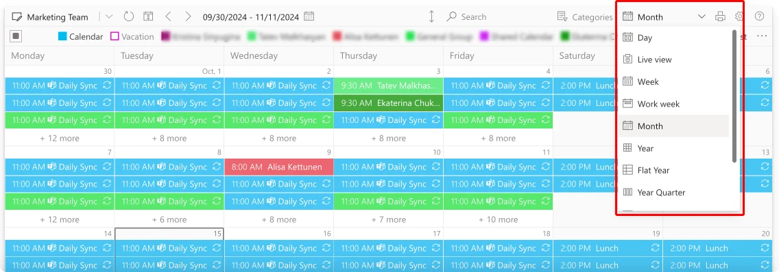 Switching between different calendar views in Virto Calendar. 