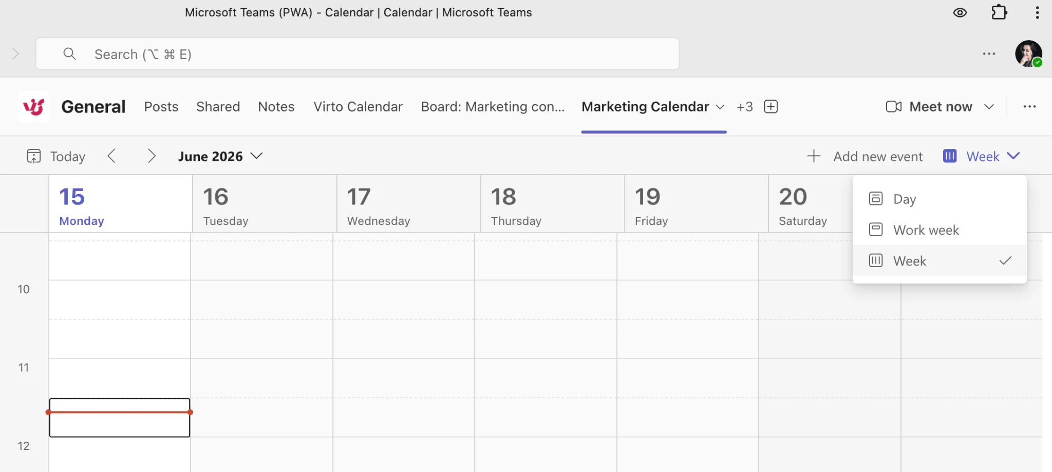 Teams channel calendar view selector showing no month view
