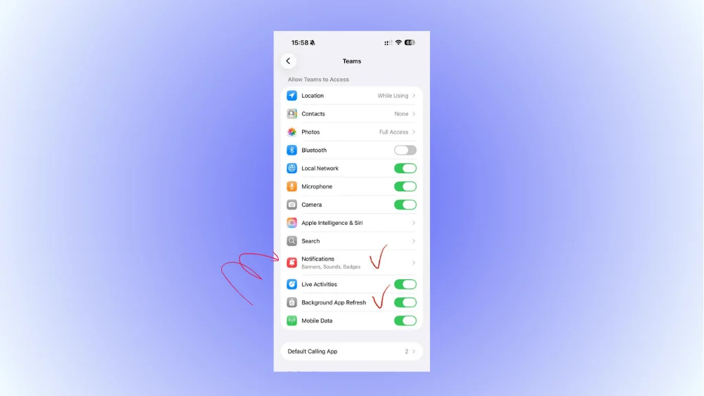 Checking permissions for the Teams mobile app