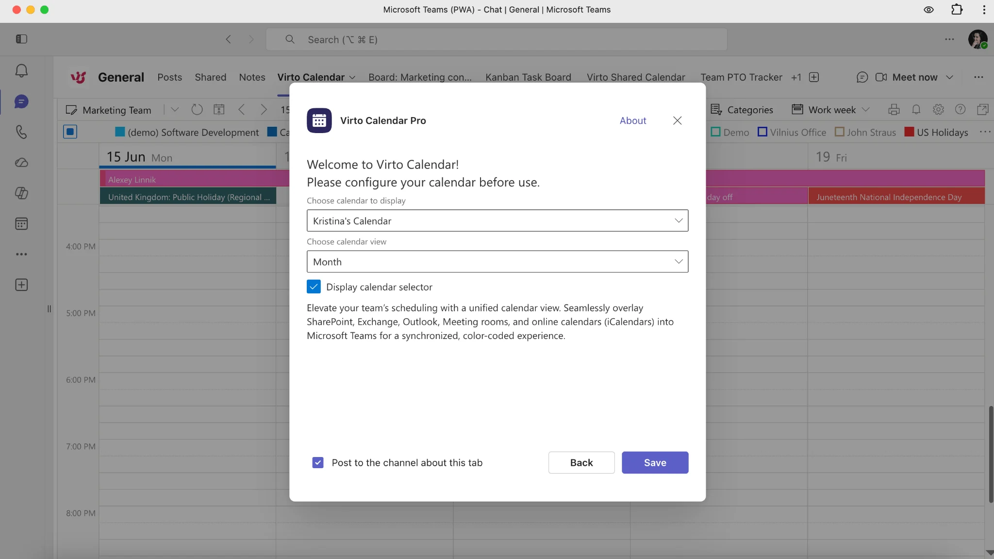 Adding the Virto Calendar tab in Microsoft Teams