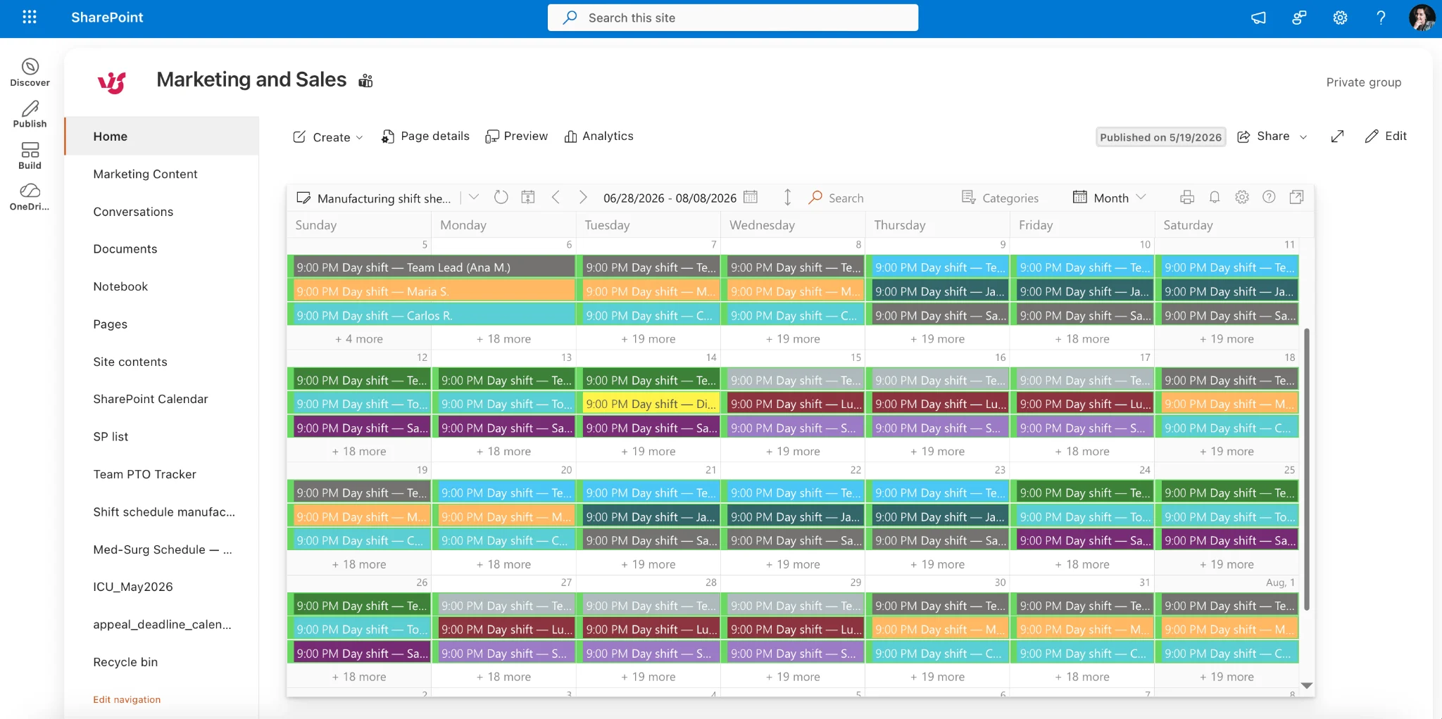 Virto Calendar App overlaying sources in modern SharePoint