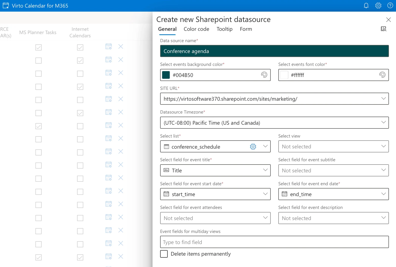 Virto Calendar field mapping settings